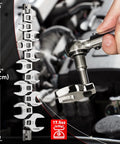 11 Piece Metric Crowfoot Wrench Set With Clip On Organizer, sizes 10-22 mm displayed with hand-held wrench in auto repair setting