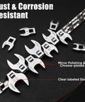 11 Piece Metric Crowfoot Wrench Set With Clip On Organizer, Chrome-Plated Alloy, Sizes 10-22 mm Displayed, Suitable for Tight Spaces