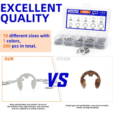200 Piece Metric E Clips Assortment Kit With 304 Stainless External Retaining Rings M1.5 To M10 Circlips in clear case with comparison