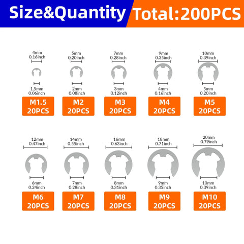 Diagram showing sizes of 200 Piece Metric E Clips Assortment Kit With 304 Stainless External Retaining Rings M1.5 To M10 Circlips