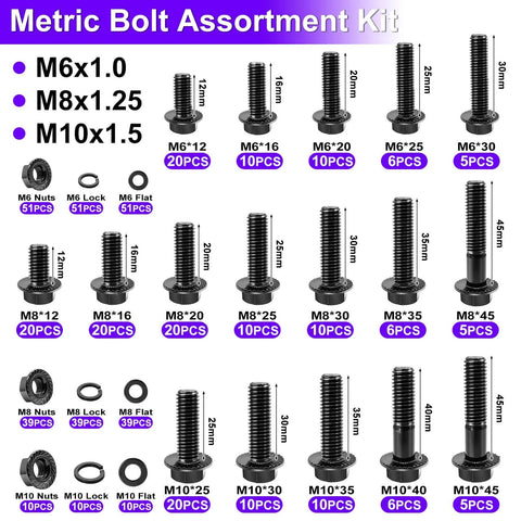 Metric Flange Bolt Set 400 Pcs 10.9 Grade M6x1.0 M8x1.25 M10x1.5 Black Hex Bolts Nuts and Washers sizes display