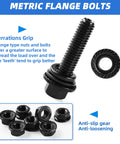 Close-up of 280Pcs Metric Flange Bolt Assortment with hex bolts and washers, featuring 10.9 black zinc galvanized finish and anti-slip gear.