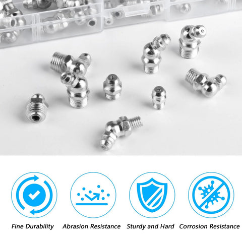 70 pcs metric grease fittings assortment kit featuring M6 M8 M10 zerk fittings in 90 degree and 45 degree angles for automotive use