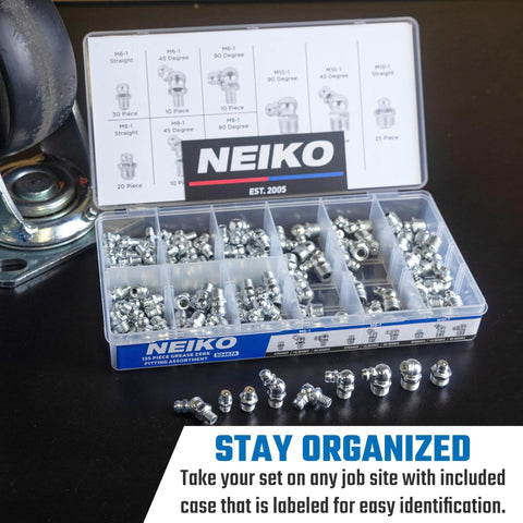 Grease Fittings Kit With 135-Piece Metric Zerk Assortment For M6-1, M8-1, M10-1.5, Pro Grade Straight And Angled Zerks by NEIKO