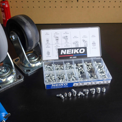 Grease Fittings Kit With 135-Piece Metric Zerk Assortment For M6-1, M8-1, M10-1.5 by NEIKO on workbench with casters