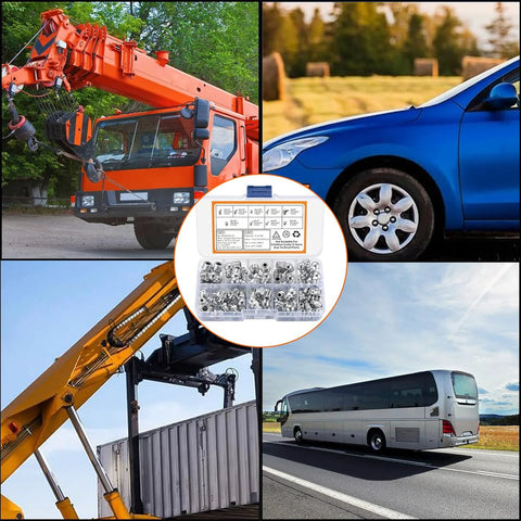 60 Piece Metric Grease Fittings Kit for Grease Guns and Mechanical Lubrication shown with various vehicles and machinery