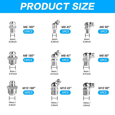 70 Pcs Metric Grease Fittings Assortment Kit Featuring M6 M8 M10 Zerk Fittings In 90 Degree And 45 Degree And Straight Angles