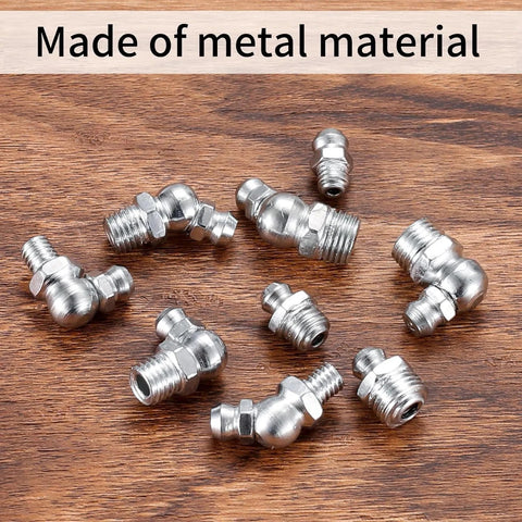 60 Piece Metric Grease Fittings Kit showing various metal zerk fittings for grease guns and mechanical lubrication on wooden surface.