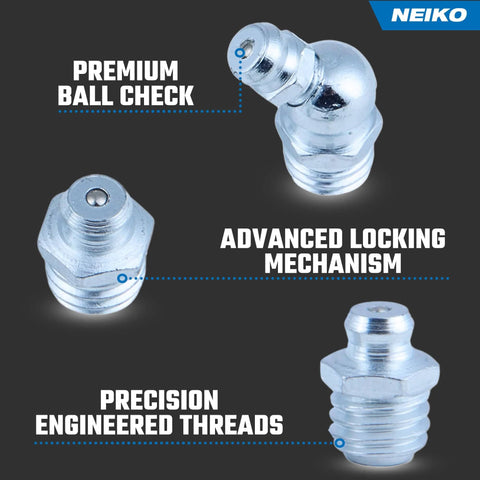Grease Fittings Kit With 135-Piece Metric Zerk Assortment For M6-1, M8-1, M10-1.5, showing ball check, locking mechanism, engineered threads