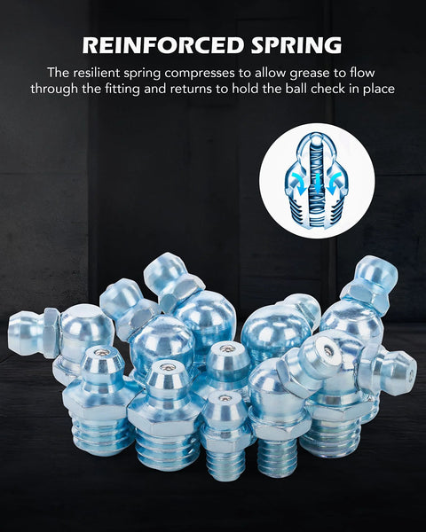 All In One 150 Piece Metric Grease Fittings Kit With reinforced spring hydraulic zerk fittings in galvanized steel by ZELCAN