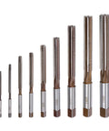 Front view of 9 Piece Hand Reamer Set for Metal and Wood, H8 Tolerance, Metric Alloy Steel Reamers with Straight Flutes in various sizes.