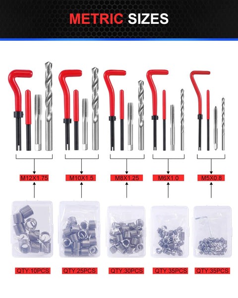 Complete Metric Helicoil Thread Repair Kit For Automotive Engine And Industrial Machinery Including 156 Piece Set With Drill Bits Taps High Strength Wire Inserts Installation And Break Off Tools In Common Sizes M5 M6 M8 M10 M12 From Kolvoii layout with tools and inserts