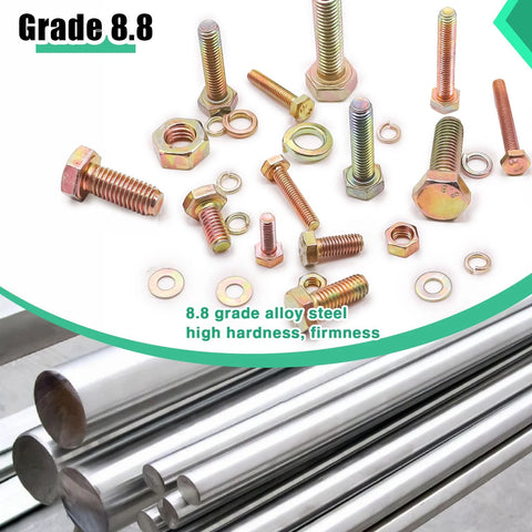 Metric Hex Bolts And Nuts Assortment Kit Grade 8.8 Zinc Plated M4 M5 M6 M8 with washers displayed on metal rods