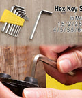 Hex key set in metric sizes 1.5 to 6mm shown with hand using a key for tightening on wooden surface