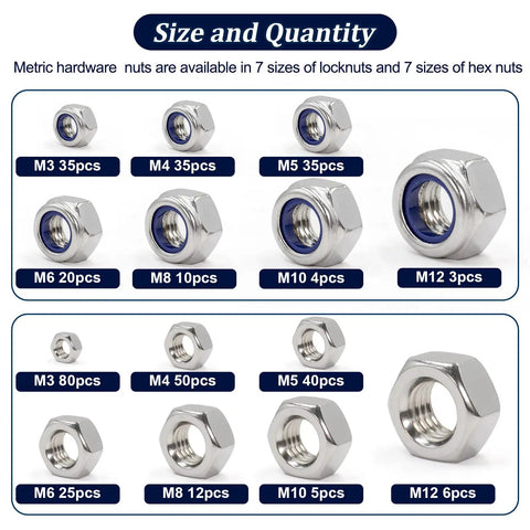 Image displaying 360 Piece Metric Hex Nuts and Locknuts Kit With Nylon Insert Nylock, 304 Stainless Steel, M3 to M12 sizes.