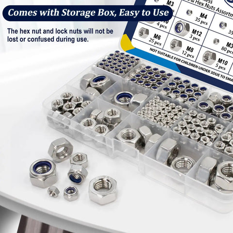 360 Piece Metric Hex Nuts and Locknuts Kit With Nylon Insert Nylock, 304 Stainless Steel, M3 Through M12 in storage box