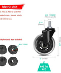 Three Inch Stem Casters Set Of Four With M10 By Twenty Millimeter Metric Threaded Stem Heavy Duty Wheels For Furniture Swivel Castors With Nylon Lock Nuts Quiet Smooth Rolling Up To 500 Lbs Capacity