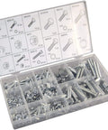 Open case showing 240 piece metric nut and bolt assortment kit with long machine bolts, hex nuts, and split washers for DIY projects and repairs.