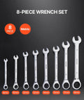 Go To Eight Piece Metric Ratcheting Wrench Set With Organizer Rack Cr V Steel 8 mm to 19 mm shown front view