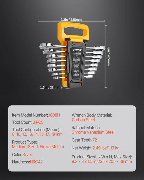 Go To Eight Piece Metric Ratcheting Wrench Set With Organizer Rack Cr V Steel 8 Mm To 19 Mm 72 Tooth Ratcheting Quick Release