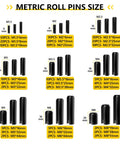 Chart showing sizes of 274 Piece Roll Pin Set Slotted Metric Pins 65Mn Steel M1.5 M2 M2.5 M3 M3.5 M4 M5 M6 M8