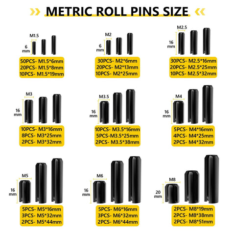 Chart showing sizes of 274 Piece Roll Pin Set Slotted Metric Pins 65Mn Steel M1.5 M2 M2.5 M3 M3.5 M4 M5 M6 M8