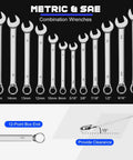 240-Piece Mechanic Tool Set With Heavy Duty Aluminum Toolbox, combination wrenches, metric and SAE sizes shown with clearance angle