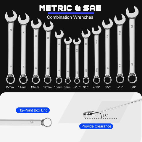 240-Piece Mechanic Tool Set With Heavy Duty Aluminum Toolbox, combination wrenches, metric and SAE sizes shown with clearance angle