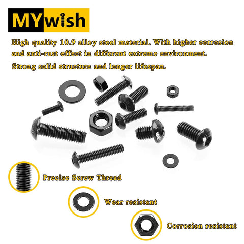 Metric Screw Assortment Kit For M3 M4 M5 M6 Bolts with Grade 10.9 alloy steel screws, nuts, washers in black finish.