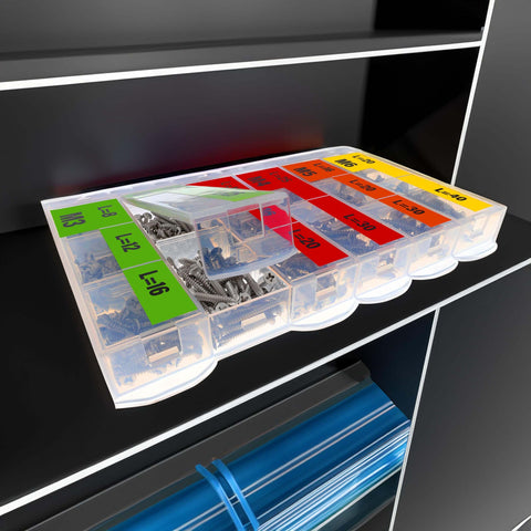 549 Pcs Metric Self Tapping Screws Assortment Kit organized case with M3 M4 M5 M6 screws visible on shelf.
