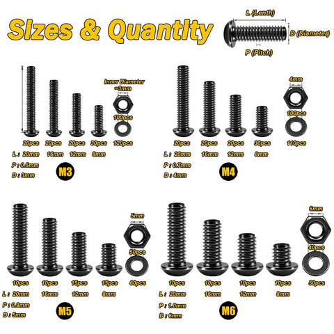 Metric Screw Assortment Kit For M3 M4 M5 M6 Bolts With Grade 10.9 Alloy Steel Hex Socket Head Screws Nuts And Flat Washers