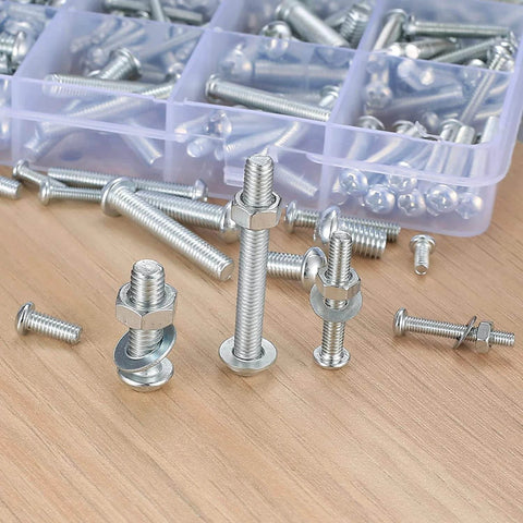 1080 Pcs Metric Screws Bolts and Nuts Assortment Kit with M3 M4 M5 M6 showing cross slotted round head screws and nuts.