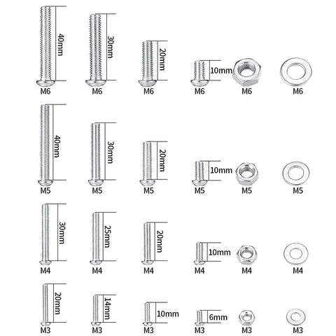 1080 Pcs Metric Screws Bolts and Nuts Assortment Kit with M3 M4 M5 M6 sizes displayed in organized arrangement for reference.