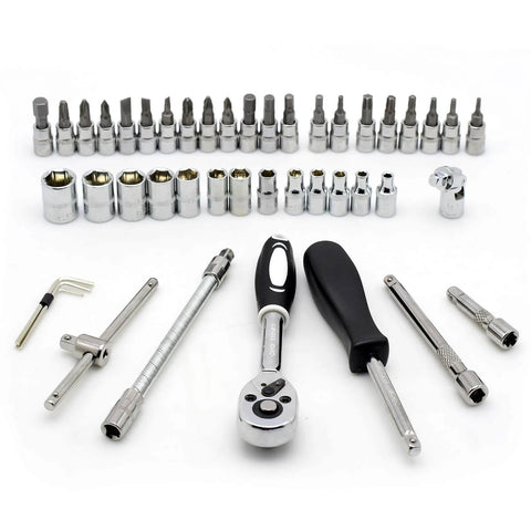 Heavy Duty 46 Piece One Quarter Inch Drive Socket Set With Metric CR-V Sockets From 4mm To 14mm S2 Bit Kit And Extension Bars