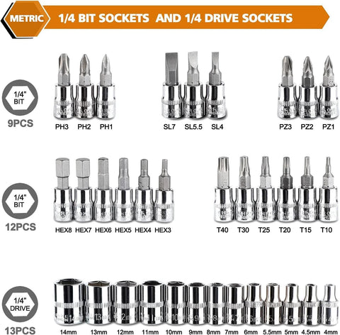 46 Piece One Quarter Inch Drive Socket Ratchet Wrench Set With Bit Sockets Metric Extension Bar And Storage Case For Auto Repair And Household Use Durable Chrome Vanadium Steel Thick Walled Sockets
