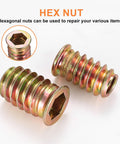 Close-up of hexagonal wood inserts from 200 Piece Metric Threaded Wood Inserts Kit with flanged hex socket for DIY projects, zinc plated finish