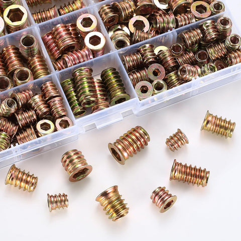 200 Piece Metric Threaded Wood Inserts Kit M4 M5 M6 M8 M10 with flanged hex drive, zinc plated finish for woodworking projects