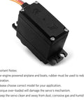 Side view of a [4-Pack] MG996R 55g Metal Gear Torque Digital Servo Motor with important usage notes visible.