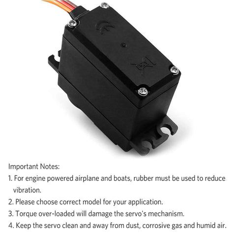 Side view of a [4-Pack] MG996R 55g Metal Gear Torque Digital Servo Motor with important usage notes visible.