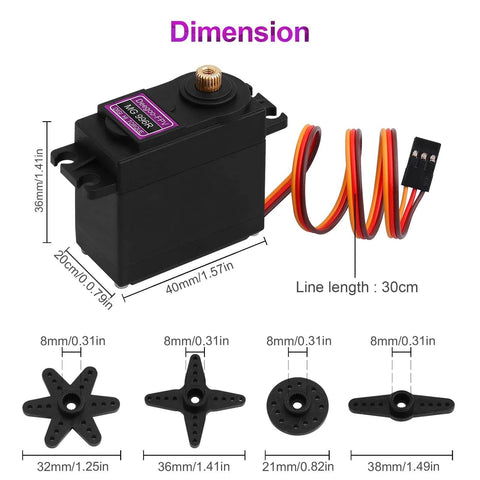 [2-Pack] MG996R 55g Metal Gear Torque Digital Servo Motor for Futaba JR RC Helicopter Car Boat Robot with measurements and connectors