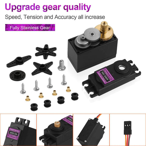 [4-Pack] MG996R 55g Metal Gear Torque Digital Servo Motor kit showing metal gears and parts for RC helicopters and robots
