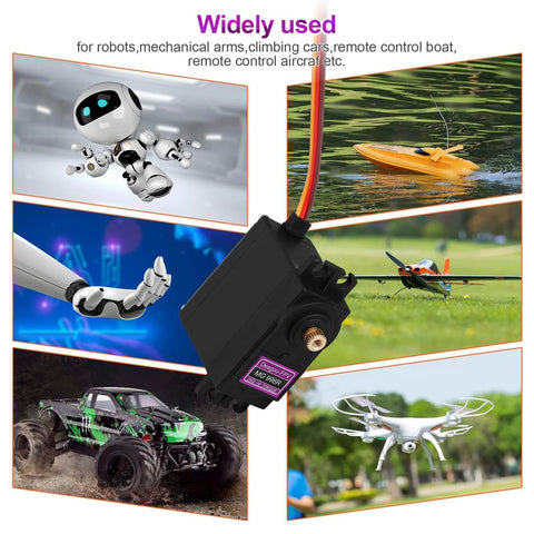 [2-Pack] MG996R 55g Metal Gear Torque Digital Servo Motor displayed with various RC applications: cars, boats, robots, drones.