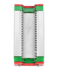 Top view of Mgn9H 100mm Miniature Linear Slide Block 9mm Width Pro Grade With Retainer And Lubrication System, showcasing metal rails and green ends.