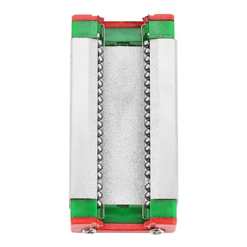 Top view of Mgn9H 100mm Miniature Linear Slide Block 9mm Width Pro Grade With Retainer And Lubrication System, showcasing metal rails and green ends.