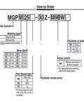 Ordering guide for 16mm Bore Double Acting Compact Pneumatic Guide Cylinder With Slide Bearing And Ball Bushing Actuator MGPM Series.
