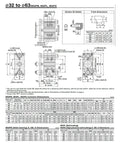 Technical drawings and dimensions for MGPM series actuators, including 16mm bore double acting compact pneumatic guide cylinder.