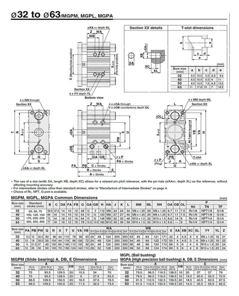 Technical drawings and dimensions for MGPM series actuators, including 16mm bore double acting compact pneumatic guide cylinder.