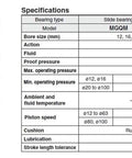 Specifications for MGQM slide bearing and MGQL ball bushing bearing air cylinders with double acting feature and precise actuation.