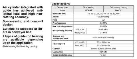 Specifications for MGQM slide bearing and MGQL ball bushing bearing air cylinders with double acting feature and precise actuation.
