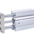 Side view of MGQM32 Series Slide Bearing Pneumatic Cylinder, durable aluminum body, part of compact air actuator for precision automation.